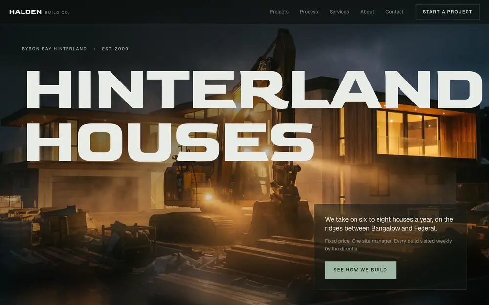 The Halden Build Co. home page: HINTERLAND HOUSES set over a house under construction at night.