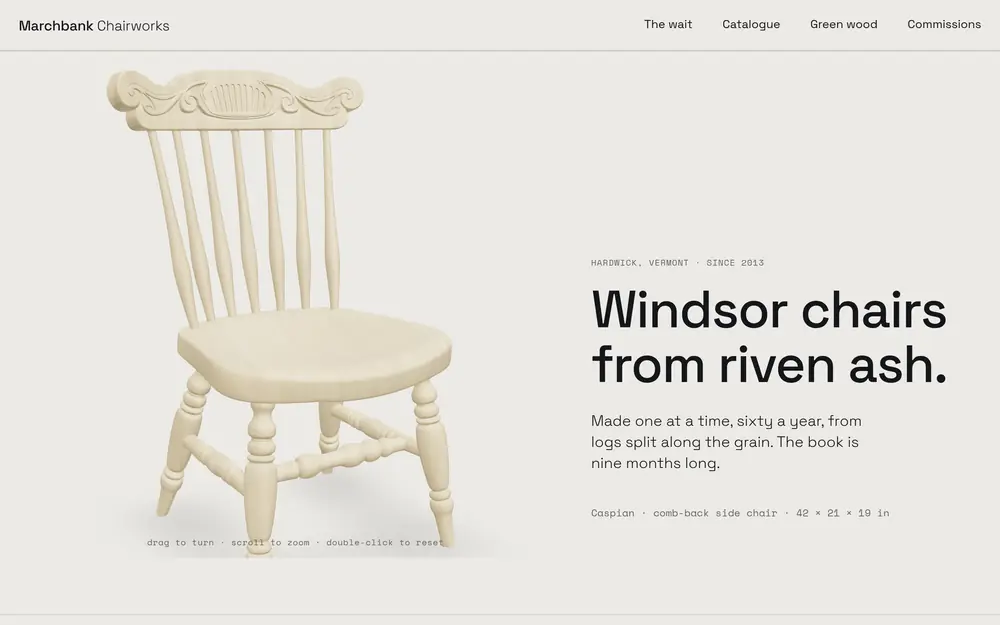 The Marchbank Chairworks home page: a comb-back Windsor chair in pale ash, drawn in the browser, beside the words Windsor chairs from riven ash.