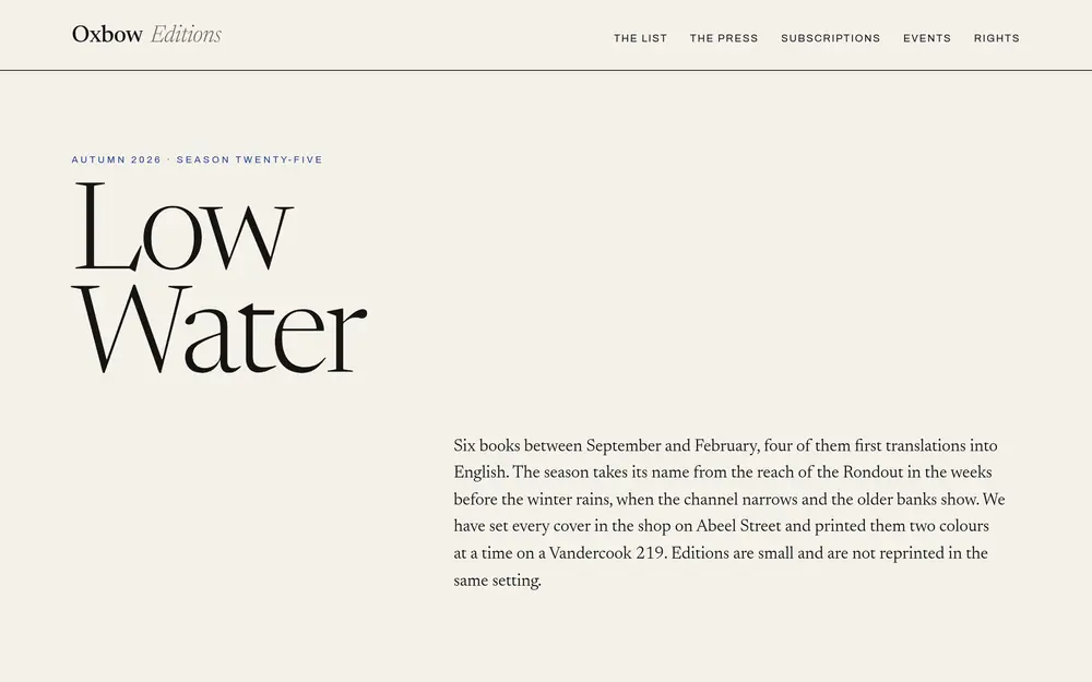 The Oxbow Editions home page: the season title Low Water set large in a display serif, with the catalogue note for autumn 2026 opposite.