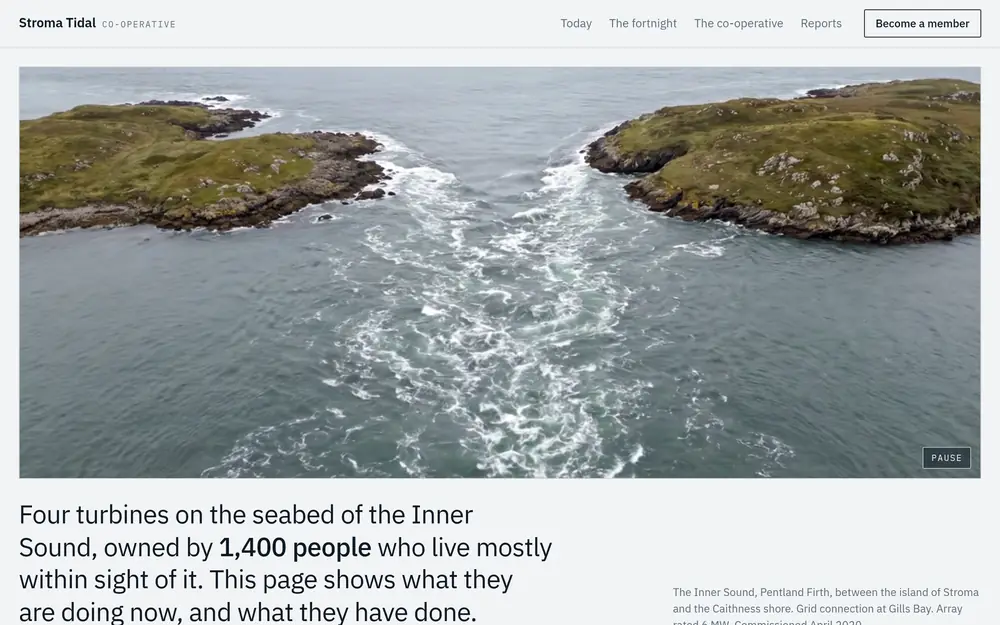 The Stroma Tidal Co-operative home page: an aerial view of the race running between two low green islands, above the line Four turbines on the seabed of the Inner Sound.