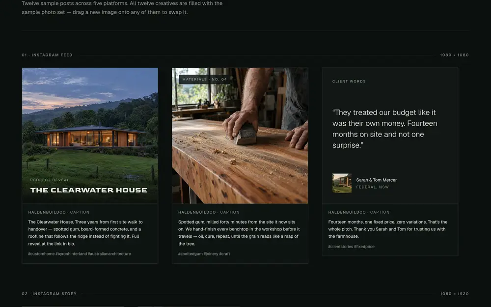Three Instagram posts from the Halden Build Co. social kit: a house at dusk, a benchtop being sanded, and a client quotation.