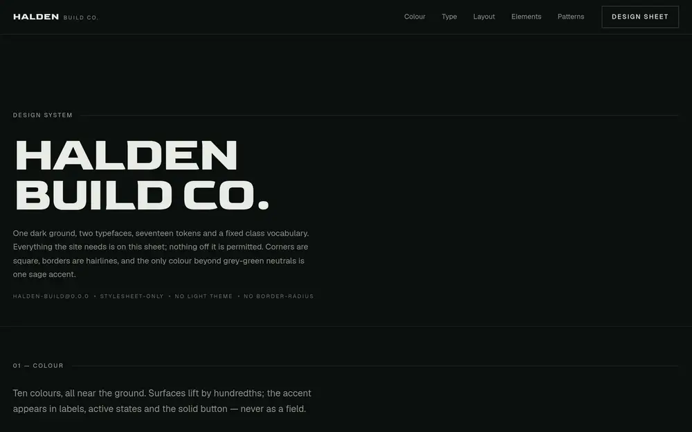 The Halden Build Co. design sheet: the wordmark, the name set large in Goldman, and the lede on a dark green-black ground.